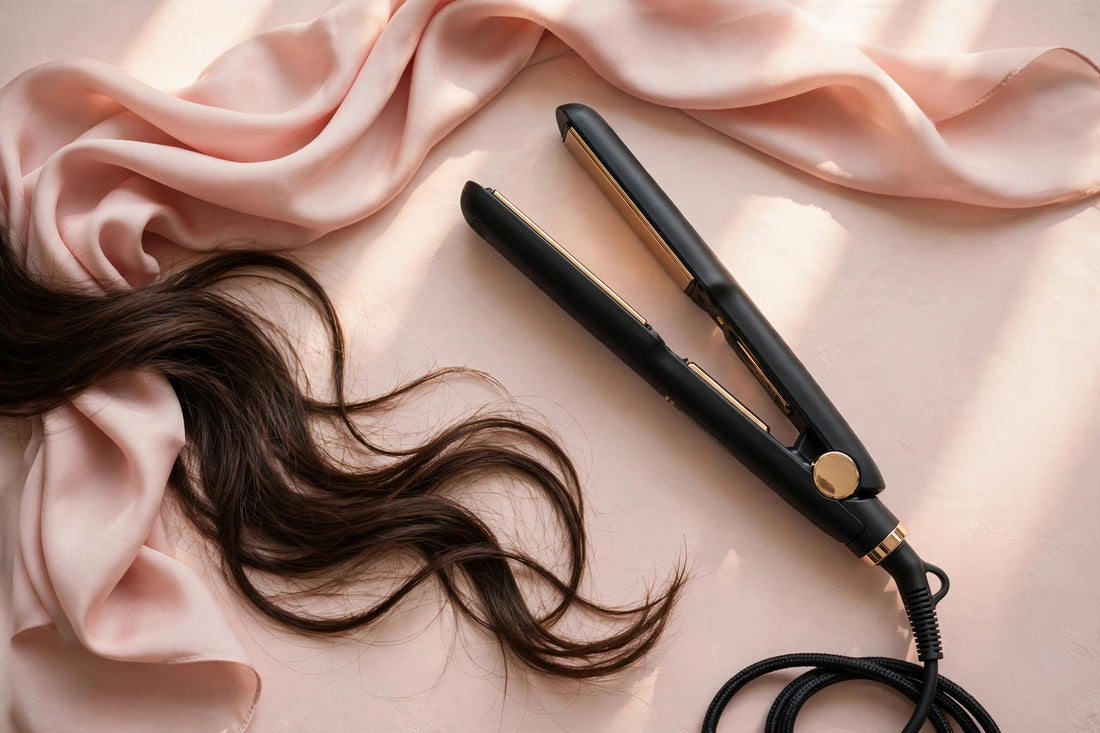 CHI flat iron with brunette hair on blush pink silk