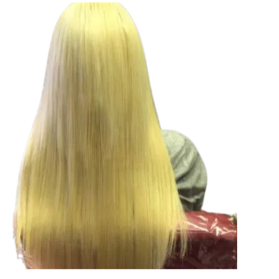 A woman with long and straight blonde hair